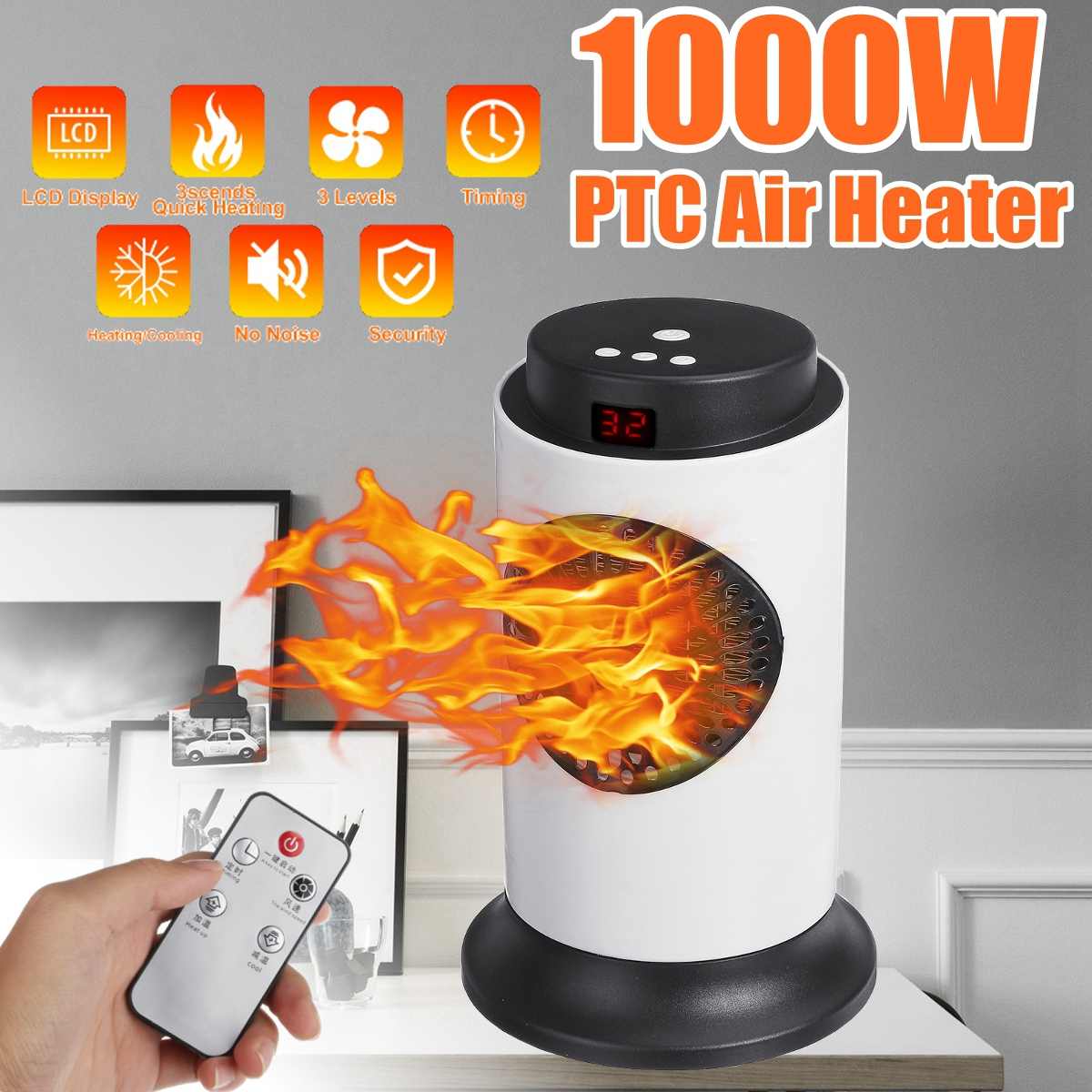 1000W LED Display Electric Fan Heater With Remote Control Energy Efficient 3 Speed Ajustable Timing Home Heating Warm Air Fan