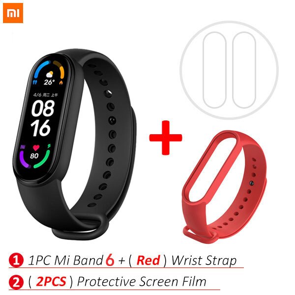 Xiaomi-pulsera inteligente Mi Band 6, dispositivo con control del ritmo cardíaco y del oxígeno en sangre, Pantalla AMOLED a Color de 1,56 pulgadas, Bluetooth, 5 colores: Add Red Strap