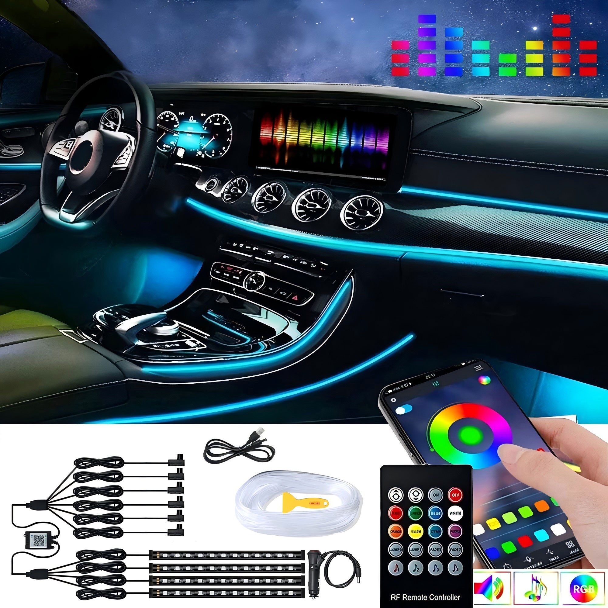 Iluminación LED ambiental de neón para coche, 6 en 1, 8m, RGB, tira de luz Interior de ambiente, Control por aplicación de fibra óptica, Lámpara decorativa LED automática