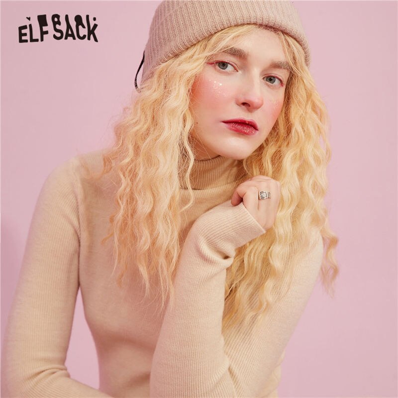 ELFSACK Solid Pure Casual Knitted Pullover Women Slim Sweaters Autumn ELF Full Sleeve,Korean Female Basic Daily Tops