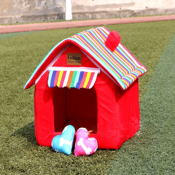 Niche pliable en forme de dessin animé | Lit pour chien, niche pour animal de compagnie, nid de chiot, niche maison pour animal de compagnie, rouge vert jaune bleu,: Rouge / M