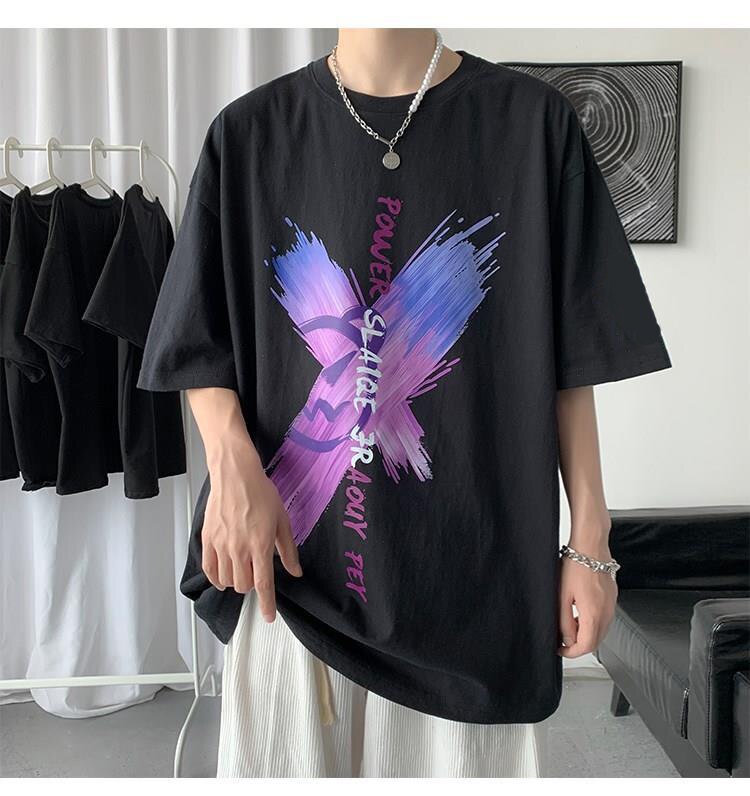 Man kortærmet t-shirt sommer trend print afslappet kortærmet ins japansk stil løs medfølende tshirt
