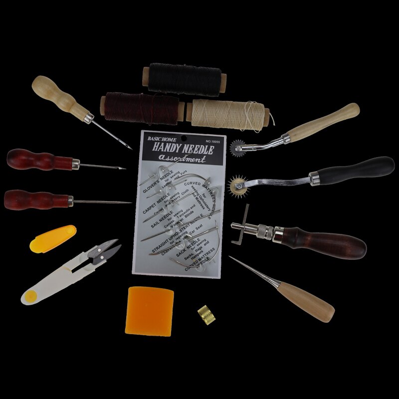 Leather Craft Punch Tools Kit Stitching Carving Working Sewing Saddle Groover Thread Awl Waxed Thimble Kit