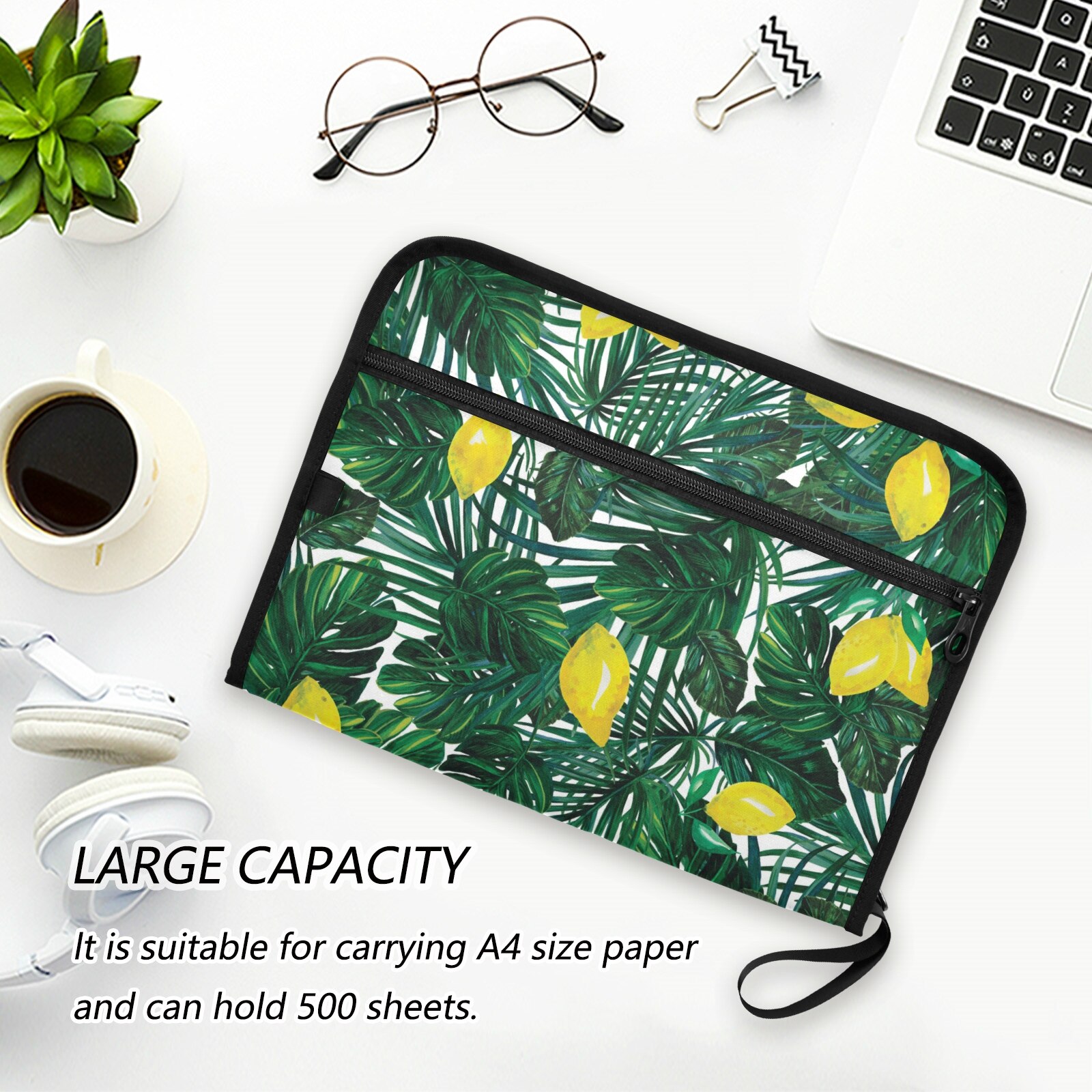 A4 File Folder Document Bag Tropical Palm Leaf Print Receipt File Expanding Wallet Bill Folder Invoice Organizer Office Supplies