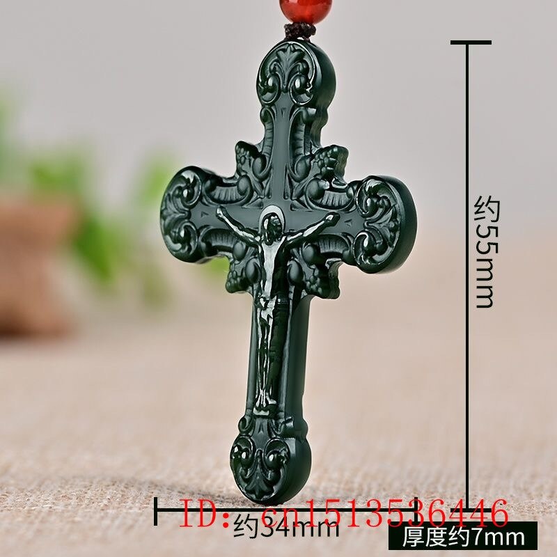 Natural Hetian Jade Jesus Cross Pendant Necklace Jadeite Jewelry Men Buddhist Lucky Carved Charm Women Amulet