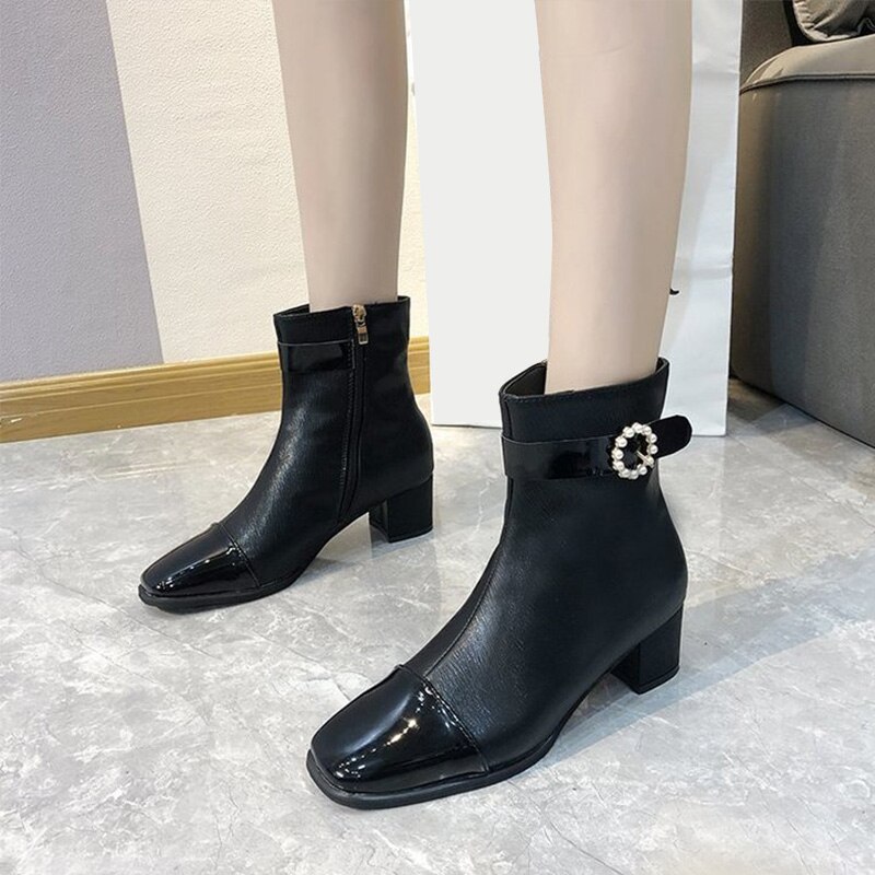 Escarpins courts en cuir PU pour femmes, bottines d'automne avec fermeture éclair et perles, talons hauts, bout carré, chaussures à la ,