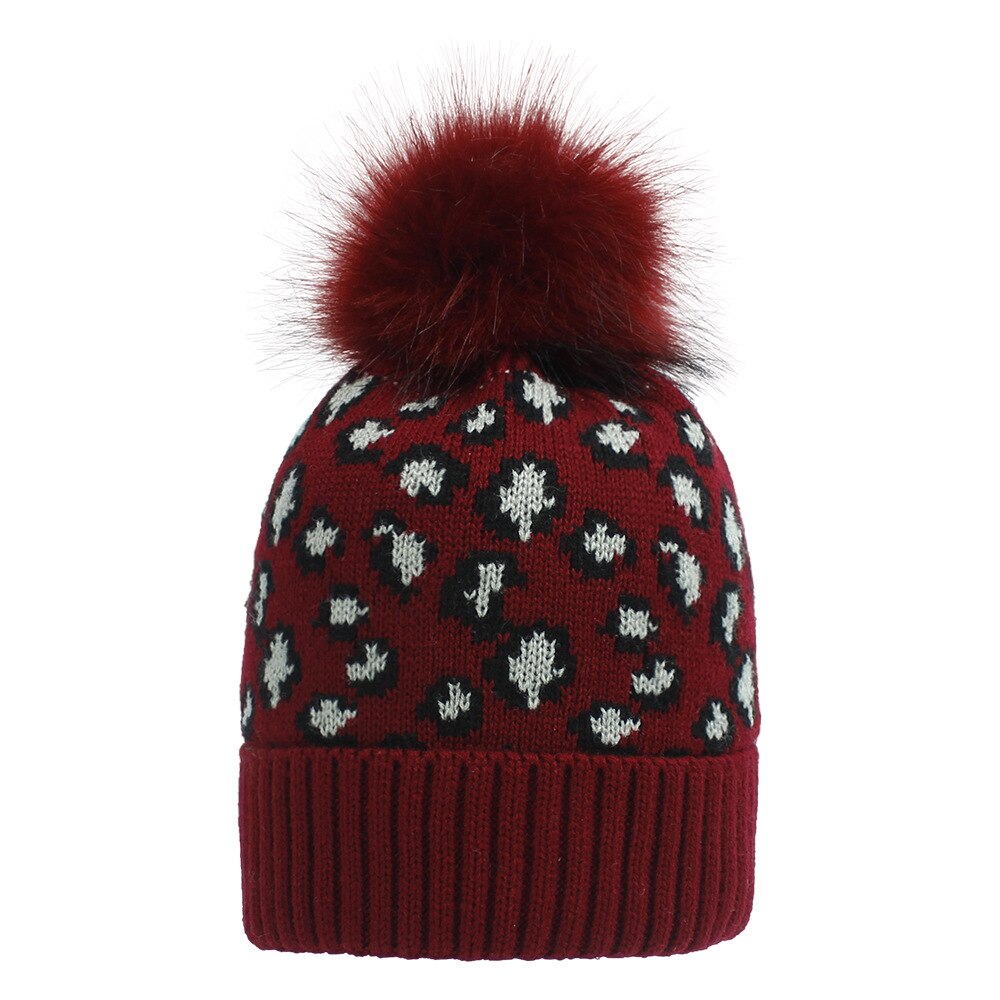 Gebreide luipaard mutsen dames pompon pompom wintermuts met pompon muts pompons voor muts imitatiebont casual warme gebreide muts muts: Wijnrood
