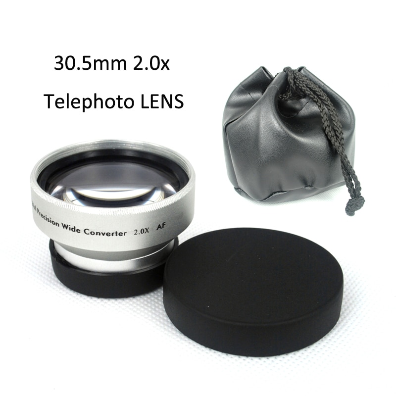 Multi Beschichtete Optische Glas Metall Kamera Objektiv 30,5mm 2.0x TELE Teleobjektiv für Camcorder + Vorne Hinten Kappen + objektiv tasche Silber