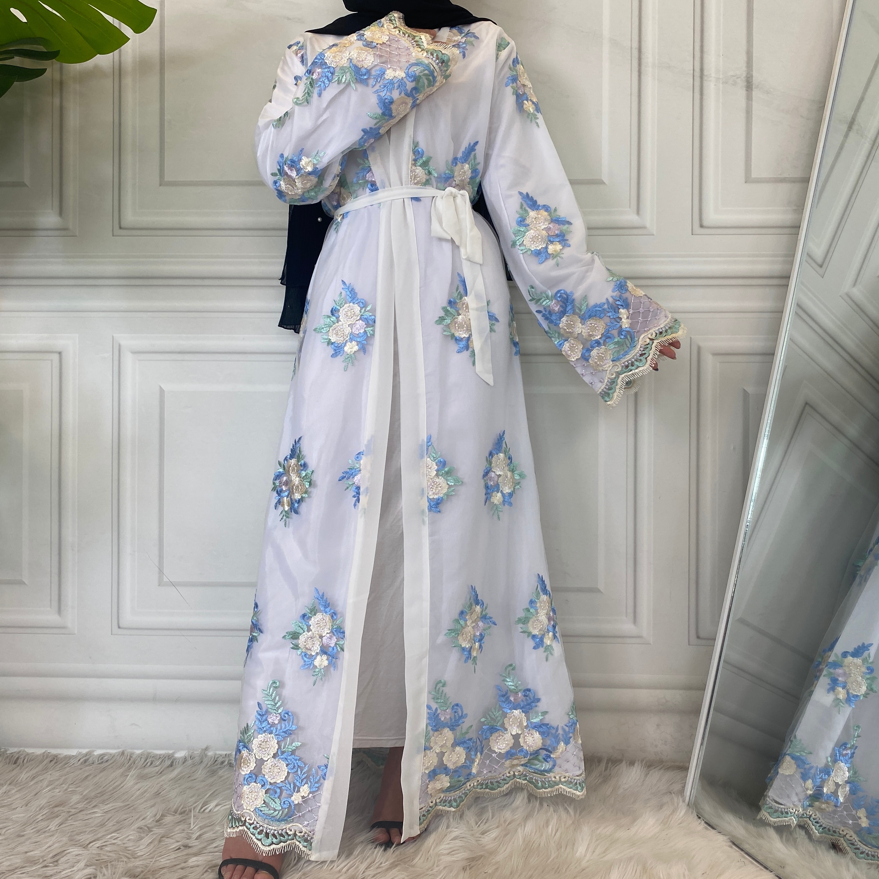 Abaya – Robe longue en dentelle brodée pour femmes, style musulman, modeste, dubaï, nouvelle , Cardigan, jupe Kimono: WHITE / XXL