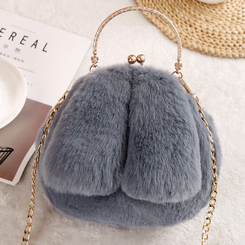 Faux Fur Rabbit Ears Plush Kawaii Round Bag Shoulder Crossbody Bags Women Chain Messenger bag Ladies Solid Furry Handbag: Dark Gray