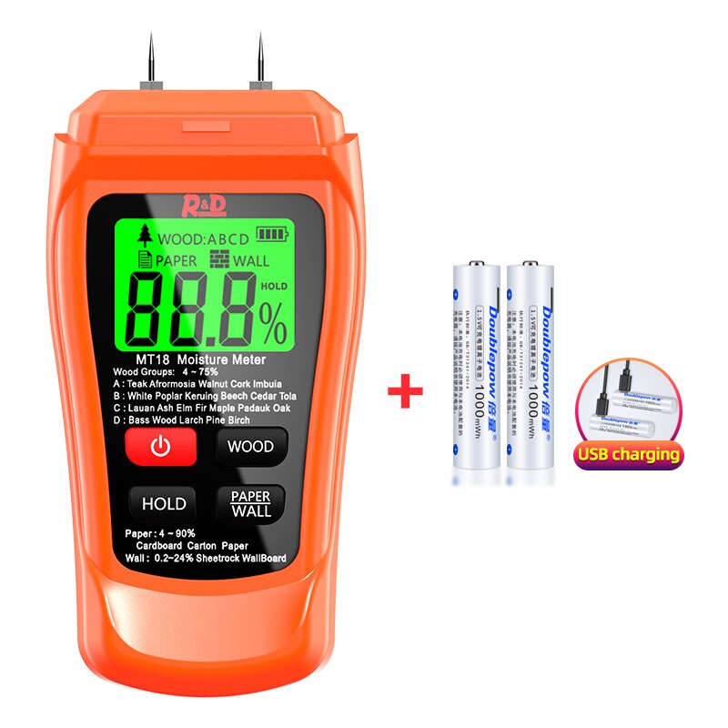 Medidor de humedad de madera, higrómetro de pared de papel, Detector de humedad de madera, probador de densidad de árbol gris, MT-18 R &amp; D,: Orange with battery
