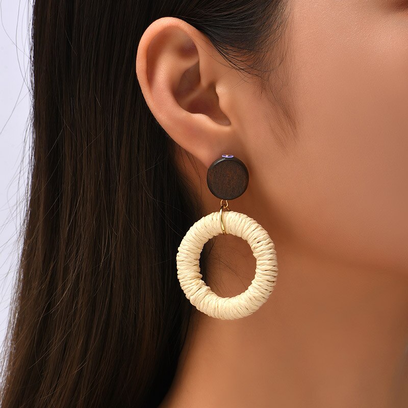 Simple Trendy Boho Handmade Round Vine Rattan Straw Woven Earrings For Women Bohemian Wooden Dangle Earring Jewelry