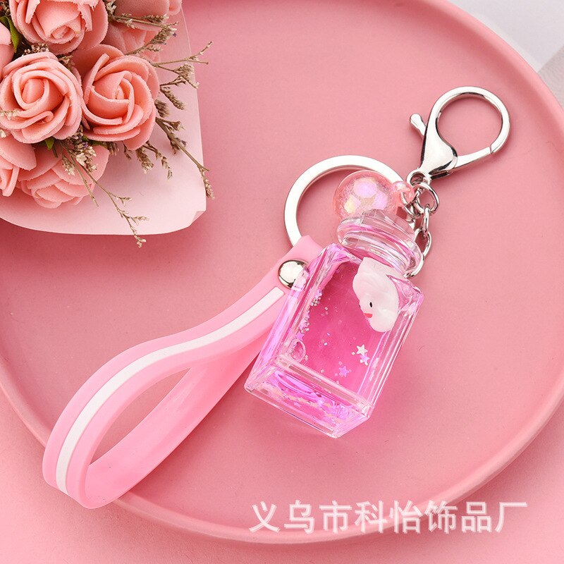 Shaking Voice Network Red Floating Square Milk Bottle Little Swan Keychain Oiling Quicksand Bag Car Pendant: Pink