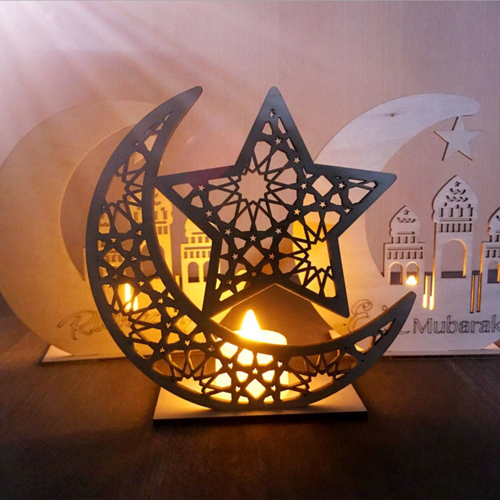 Led stearinlys lampe træ måne stjerne lys borddekoration eid mubarak belysning ramadan lys