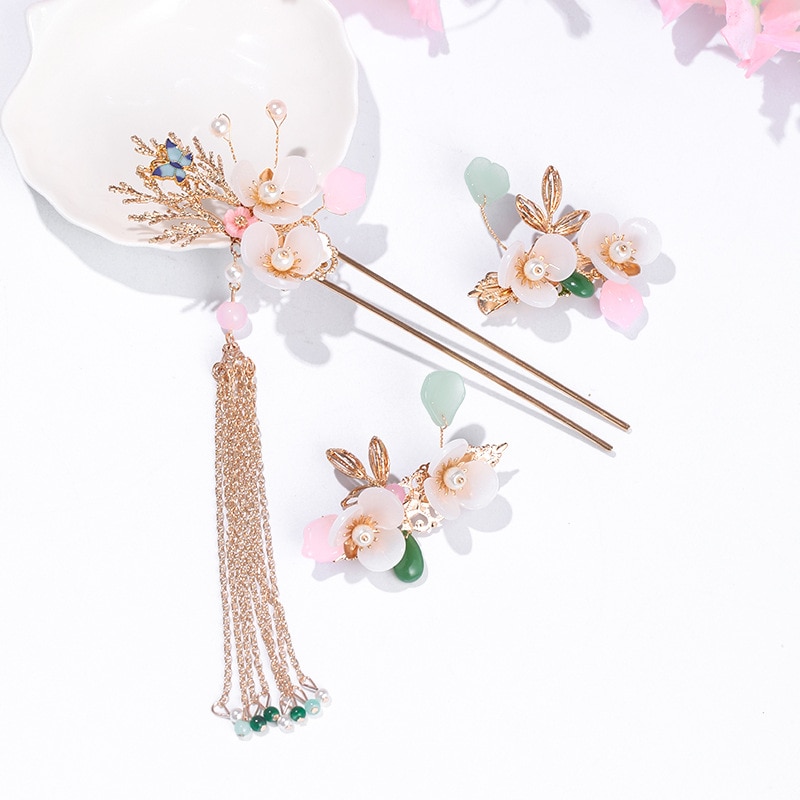 Antigo chinês hairpins hanfu vestido borla passo shake flor varas de cabelo garfos clipes noiva noiva casamento cabelo jóias forseven