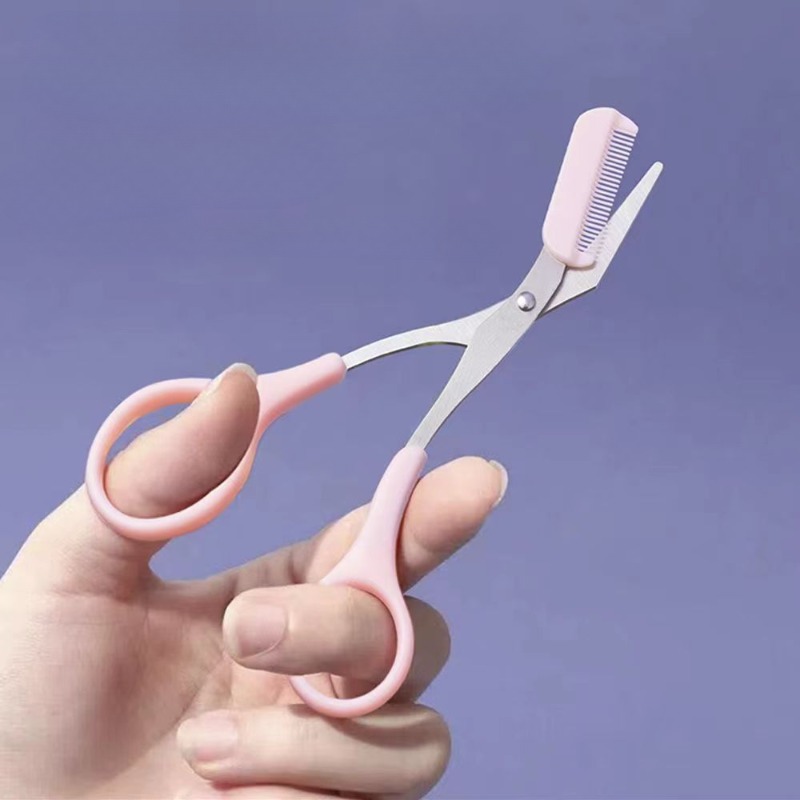 Pink eyebrow trimming scissors with built-in comb - stainless steel, precise grooming tool, creating perfect eyebrows