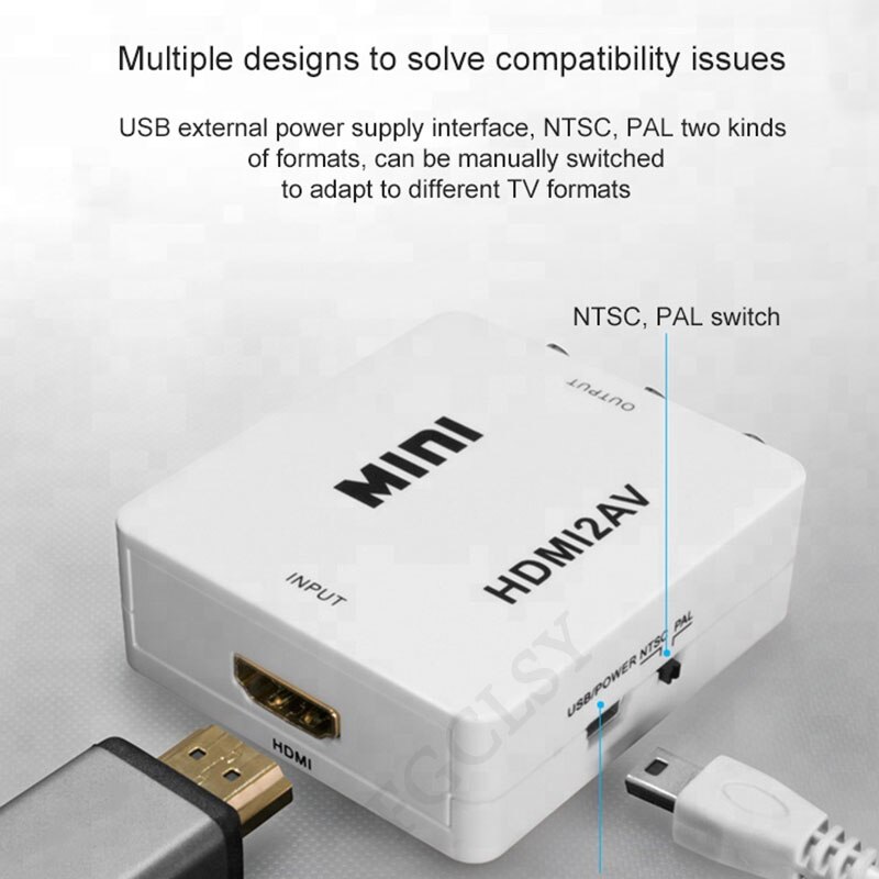 FGCLSY-convertidor HDMI a AV, adaptador escalador HDMI a RCA AV/CVSB L/R Video 1080P mini HDMI2AV compatible con NTSC y PAL