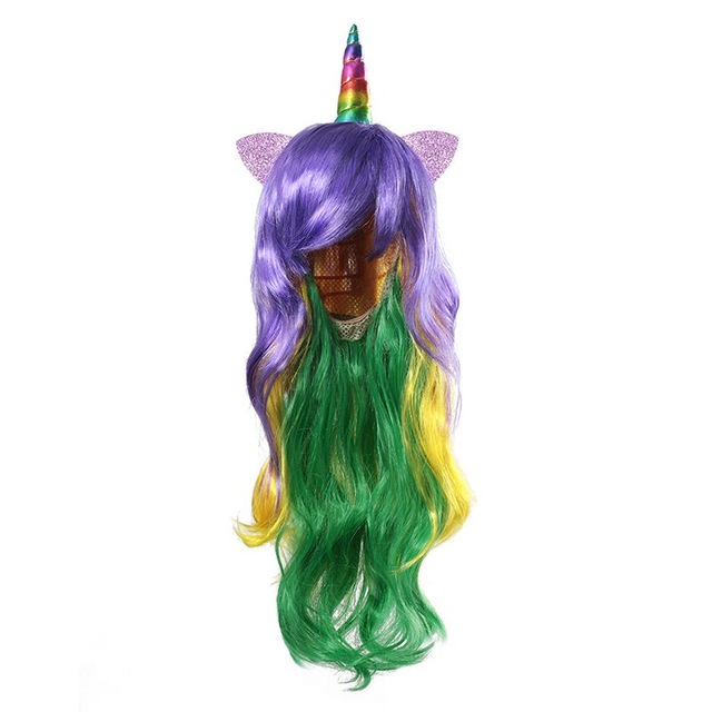Bandeau de Cosplay licorne pour filles, perruques de princesse pour enfants, accessoires tenues fantaisie, tresse arc-en-ciel, cheveux synthétiques: Unicorn Wig 03