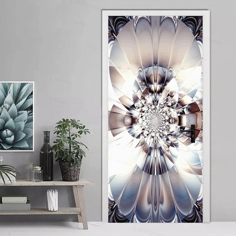Modern Abstract Art Flower Door Sticker 3D Door Murals Living Room Home Decal Pvc Self-Adhesive Waterproof Door Stickers