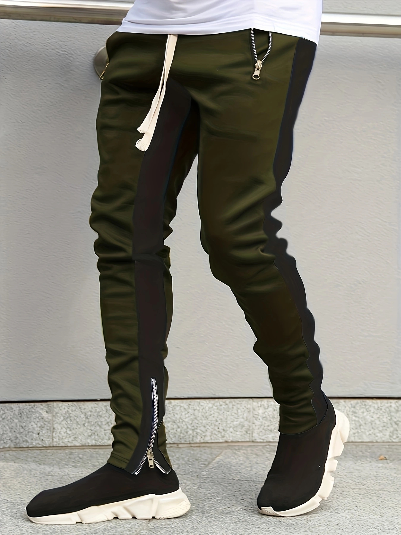 Herr sweatshirts joggingbyxor herr casualbyxor herr snygga färgblock dragkedjefickor dragsko sport skinny byxor byxor: L / Armégrön