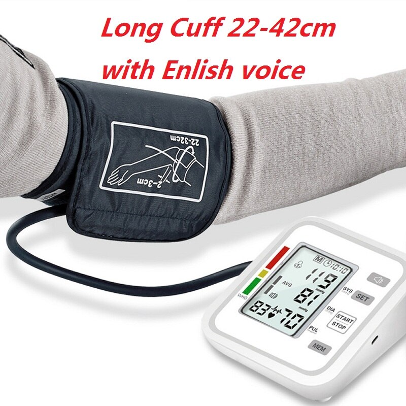 LCD Arm Automatic Blood Pressure Monitor BP Sphygmomanometer Pressure Meter Tonometer for Measue Arterial Pressure English voice: 22-42cm En voice
