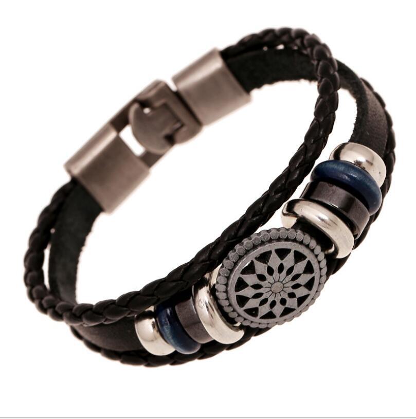 Lucky Vintage Men's Leather Bracelet Wood Beads Charm Multilayer Braided Bracelets Bangles Women Pulseira Masculina