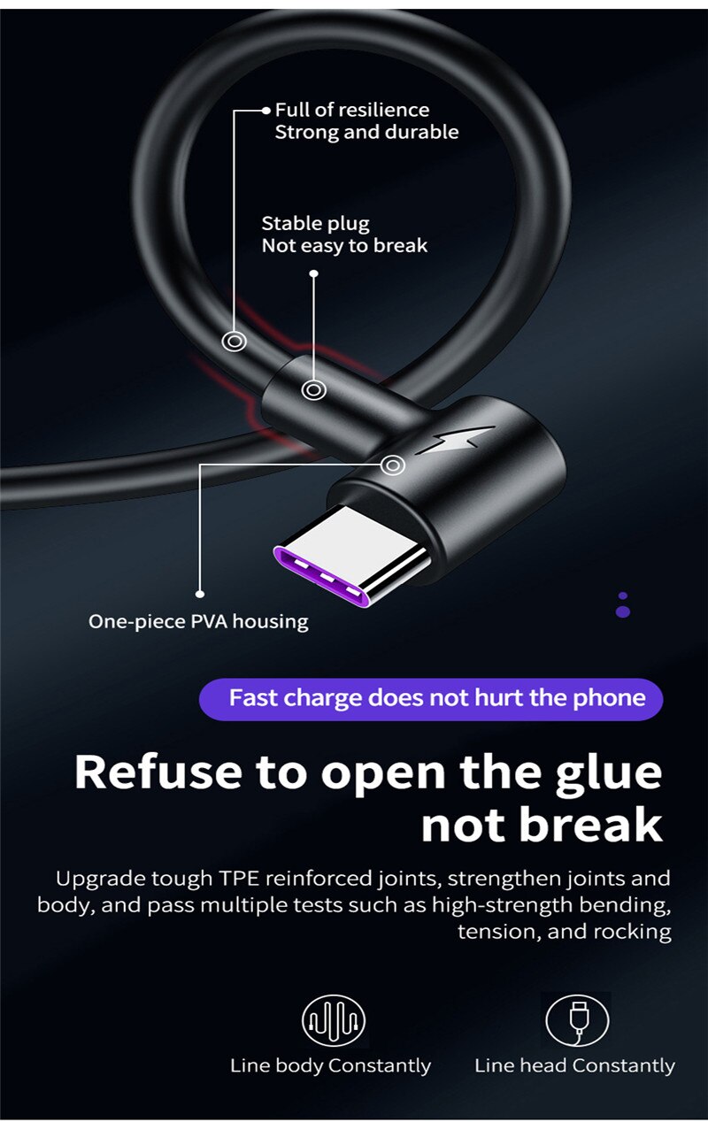90 Degree Right Angle Type C Cable Fast Charge 5A For xiaomi mi A3 9 9t cc9 redmi note 8 k20 pro samsung Galaxy A50 A70 A60 cord