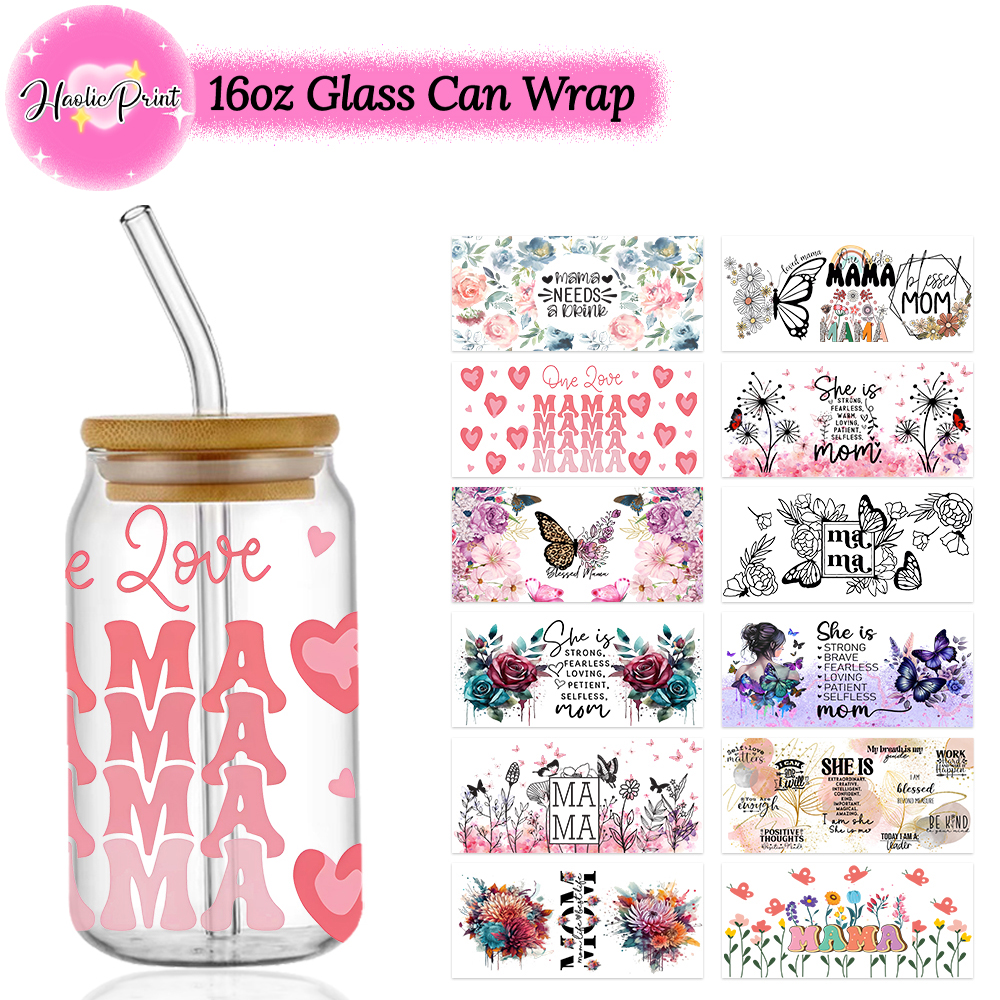 Envolturas de copa UV DTF, transferencias, del Día de la madre, pegatina para mamá, transferencia de hierro para lata de vidrio, libbey de 16oz