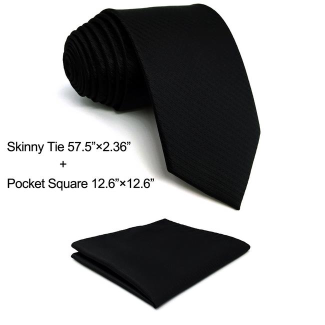 Zijde Zwart Solid Mens Stropdas Stropdas Set Mode Huwelijkscadeau Acceossories X-lange Pocket Plein: Skinny Size Tie Set