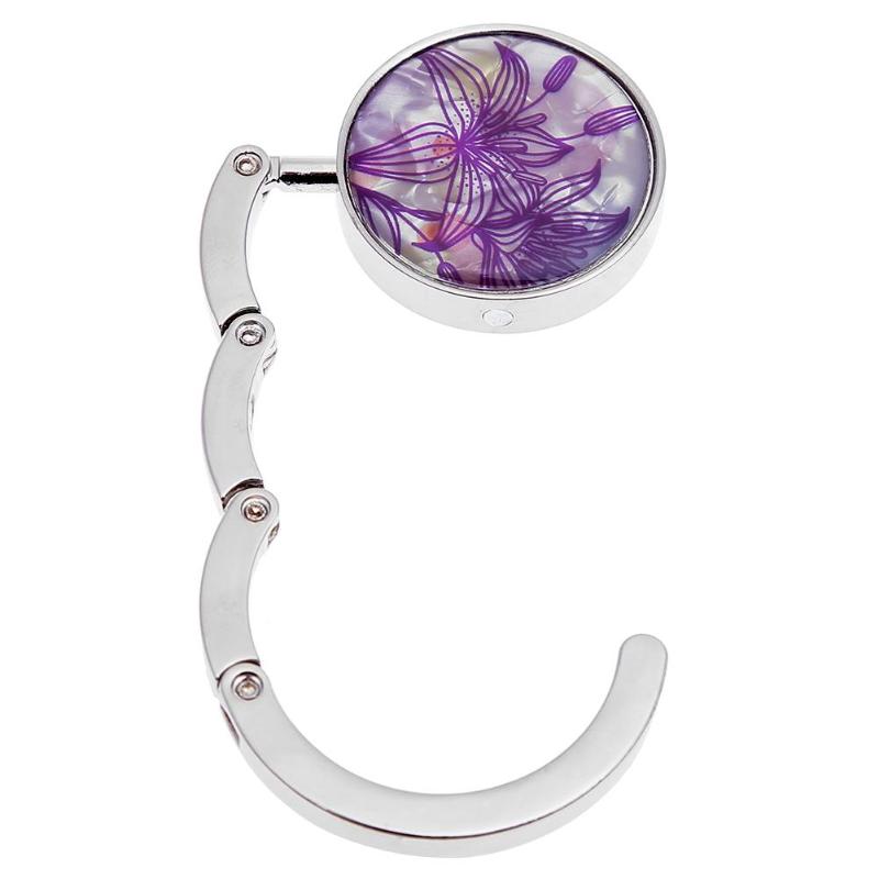 Gancho Metálico Redondo y Plegable para Colgar en la Mesa, 1 Unidad, Soporte con Dibujo de Flores y Aleación de Cristal, Colgador en Suspensión Portátil para un Objeto o para Bolso de Mano