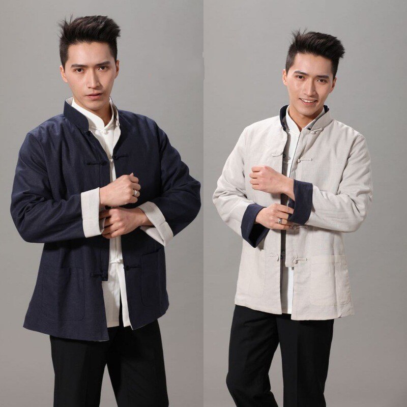 Folk herre bomull lin kampsport kinesisk kung fu reversible klær tai chi uniform mannlige wushu trening sportsklær chaqueta: Marineblå beige / Xl