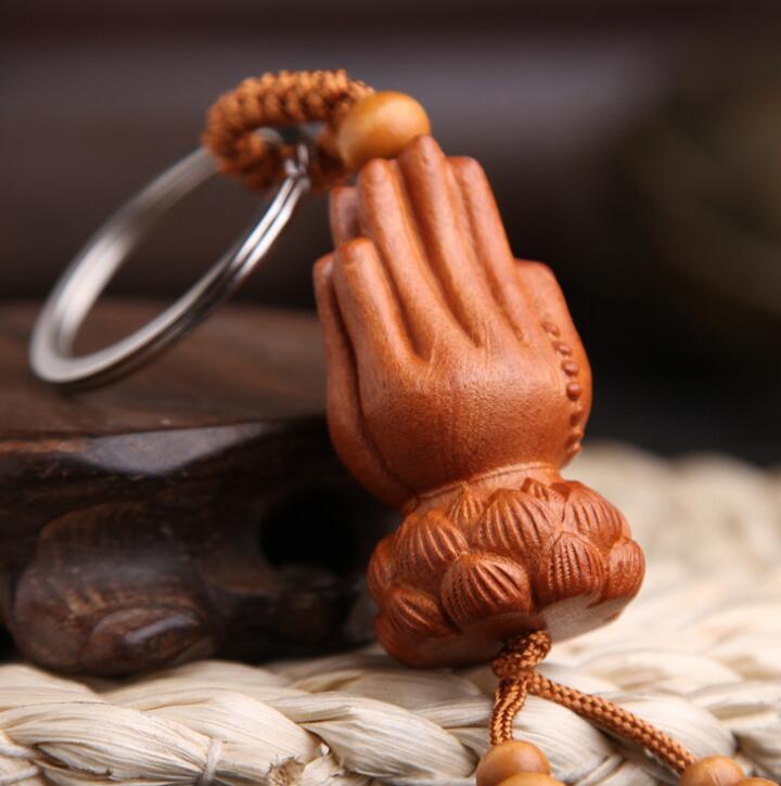 Madera de Durazno chino flor de loto tallado mano de Buda dos manos juntas exquisito colgante de llavero de coche