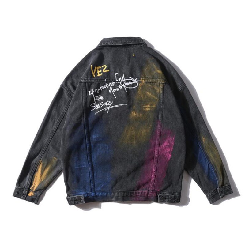 Rainbow Graffiti Vlam Print Denim Jassen Streetwear Hip Hop Casual Bomber Jean Jacket Jassen Tops Blauw Zwart