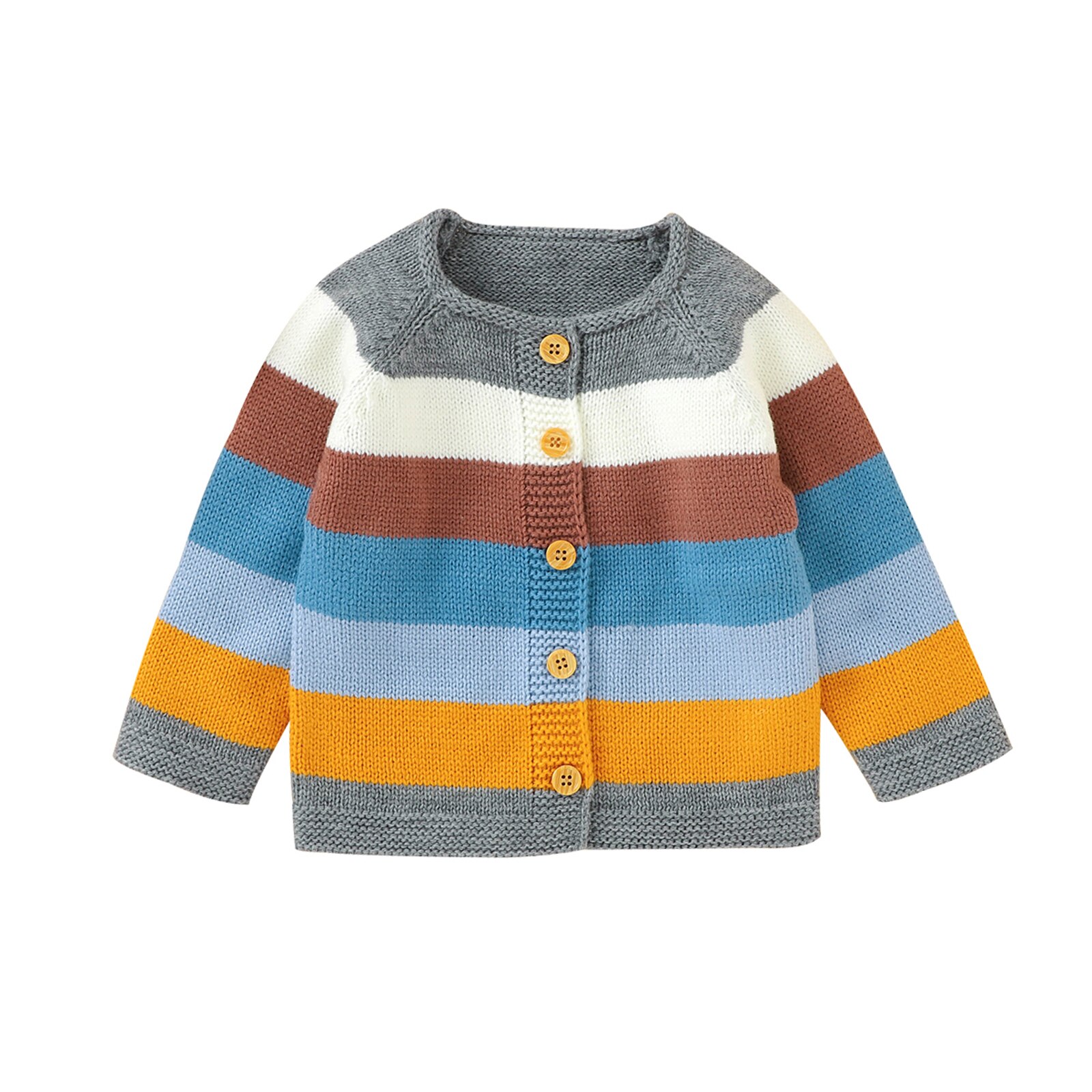 Cárdigan de punto para niños pequeños, chaqueta de manga larga con cuello redondo y rayas de arcoíris, prendas de vestir informales de un solo pecho, 4 colores, otoño: B / 12 meses