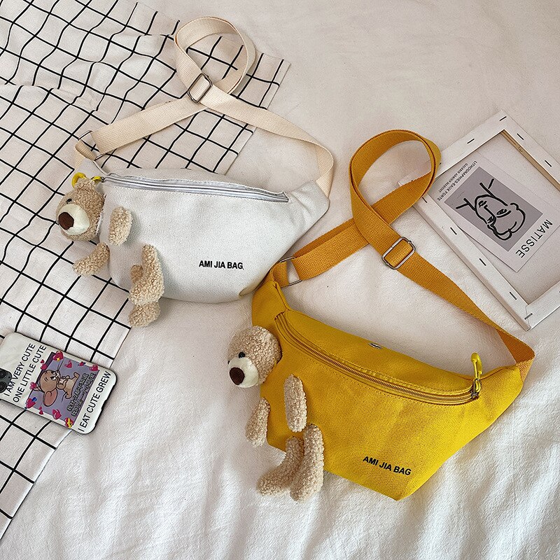 Koreaanse Ins Oude Gevoel Meisje Beer Borst Bag Vrouwelijke Japanse Studenten Canvas Taille Tas Zomer Kleine Satchel
