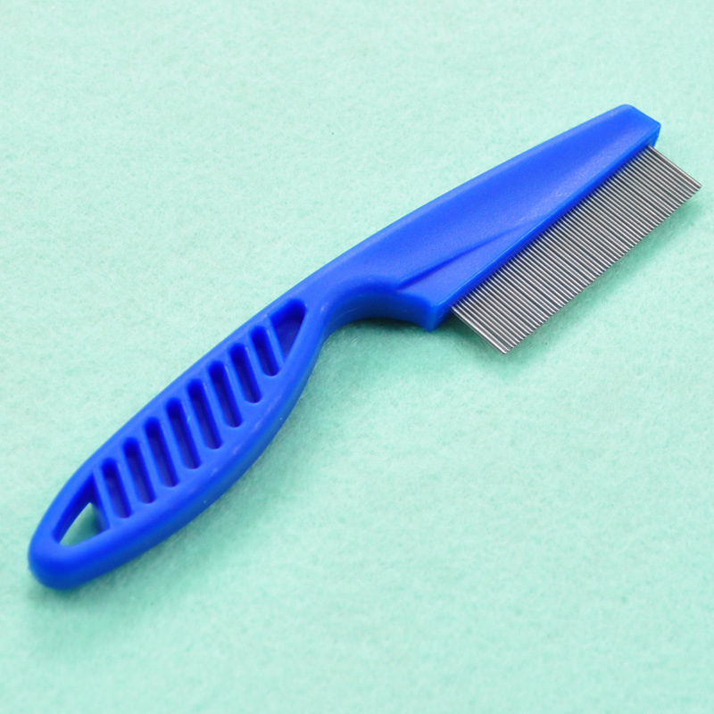 Cepillo de acero inoxidable para perros y mascotas, herramienta para quitar piojos de dientes densos, peine con mango de plástico, peines para mascotas: Blue