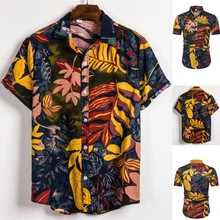 Mens Etnische Korte Mouwen Casual Katoen Linnen Afdrukken Hawaiian Shirt Blousemen 'S Korte Mouwen