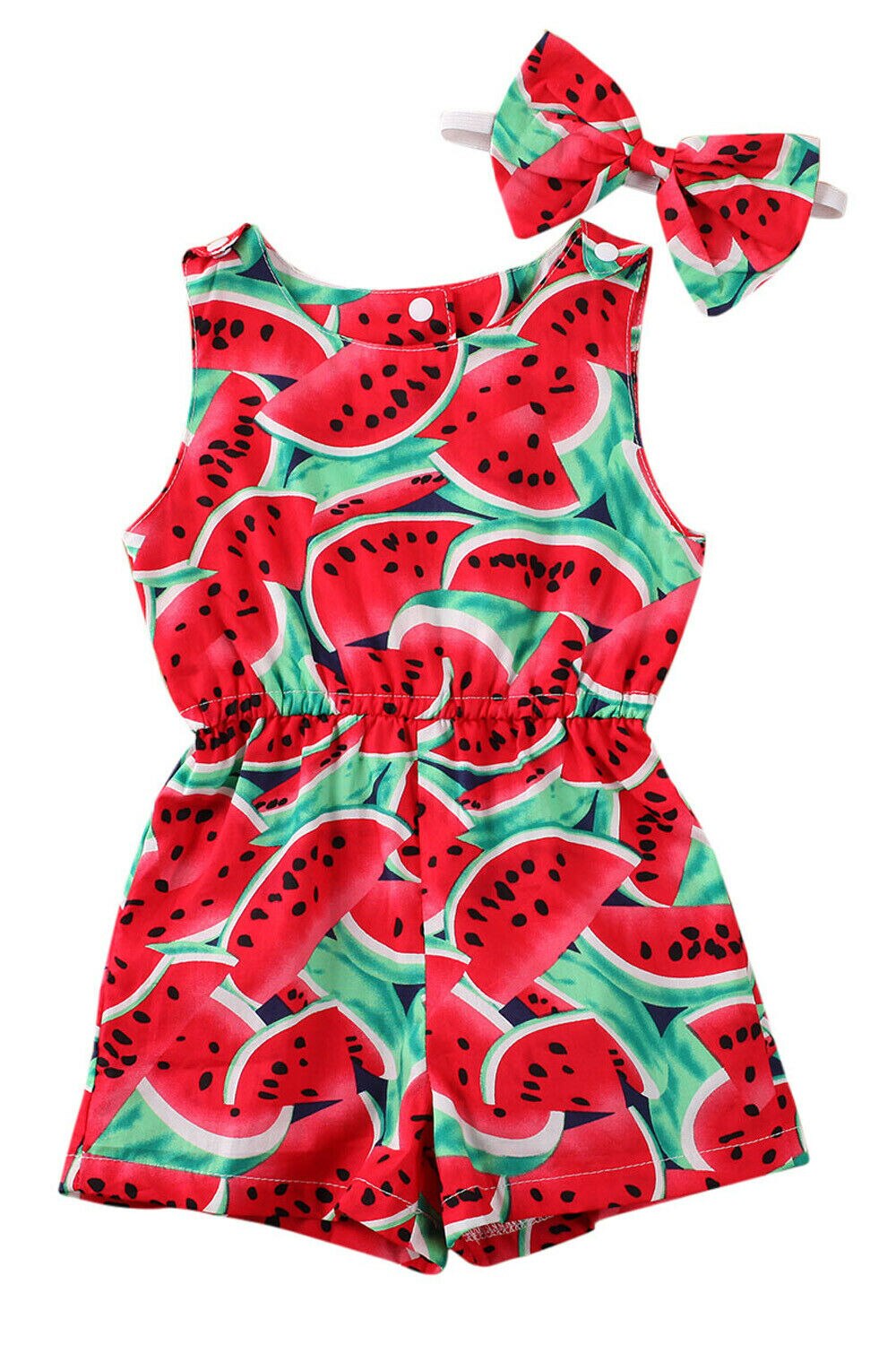 Nyfødt baby pige rompers pandebånd frugt citron vandmelon sommertøj ærmeløs jumpsuit playsuit outfits kostume: Vandmelon / 3t