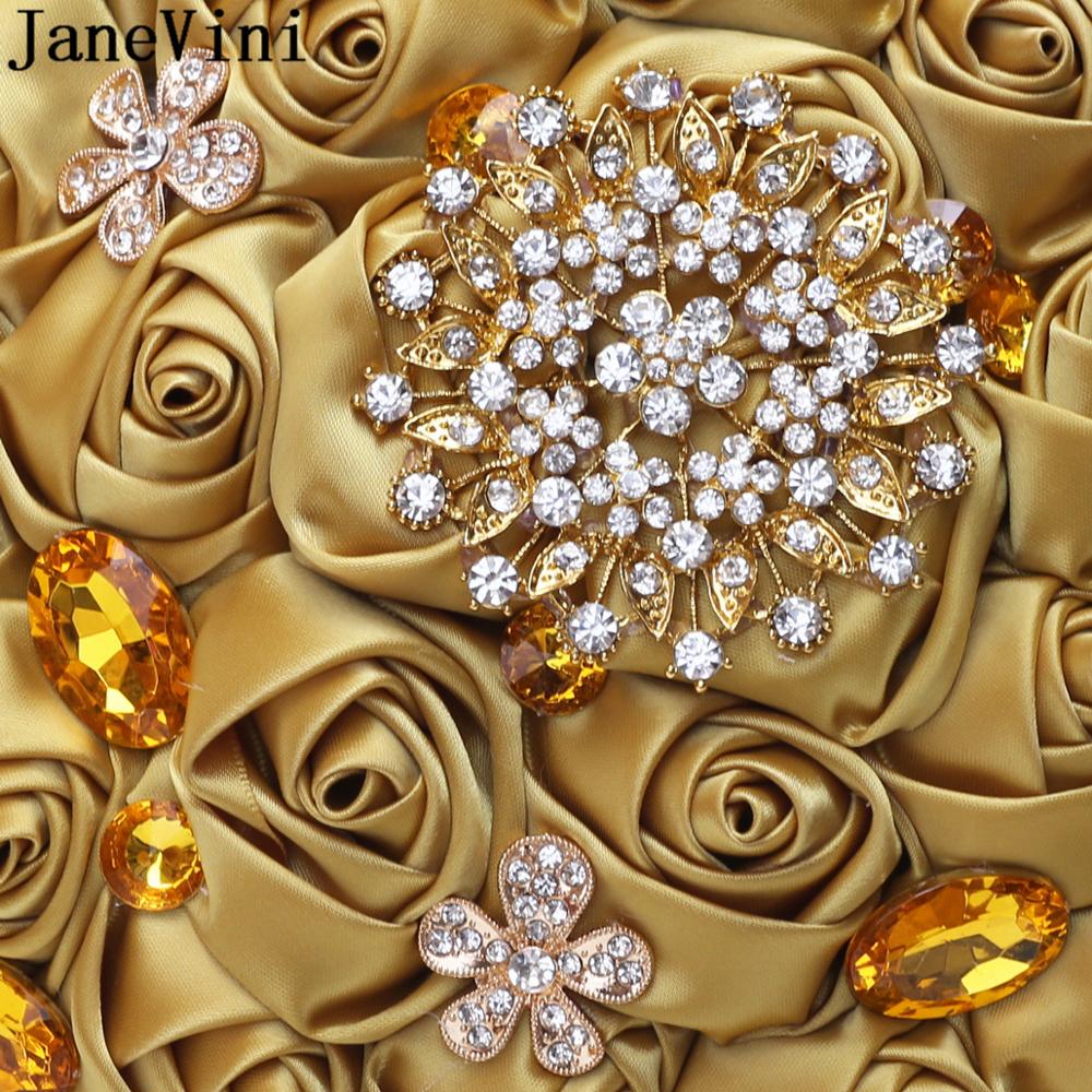 JaneVini – Bouquet de mariage de grande taille, 30CM, pour la mariée, en or, luxueux, diamant, cristal, perles, strass, fleurs à main en Satin