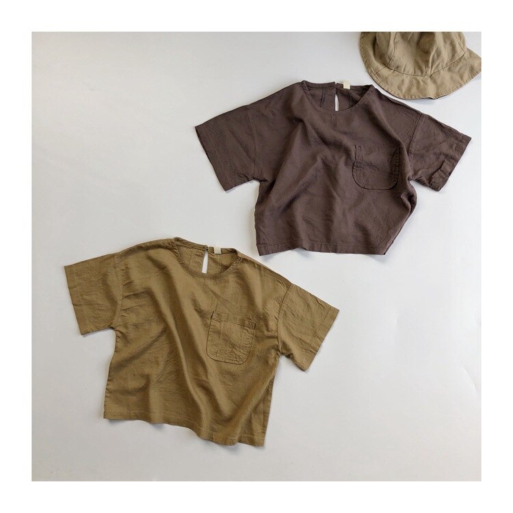 Chemise pour enfants été coréen lin coton rétro Mori chemise garçons et filles col rond chemise