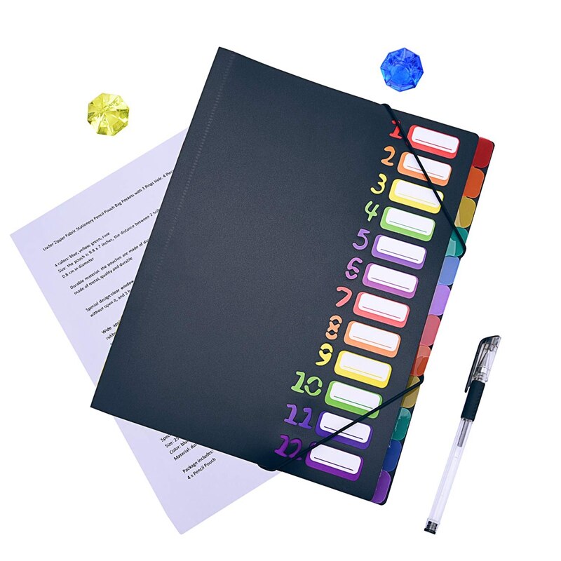 Carpeta extendida, 12 letras de bolsillo, clasificador de papel A4, bolsa de almacenamiento de archivos de plástico, iridiscente