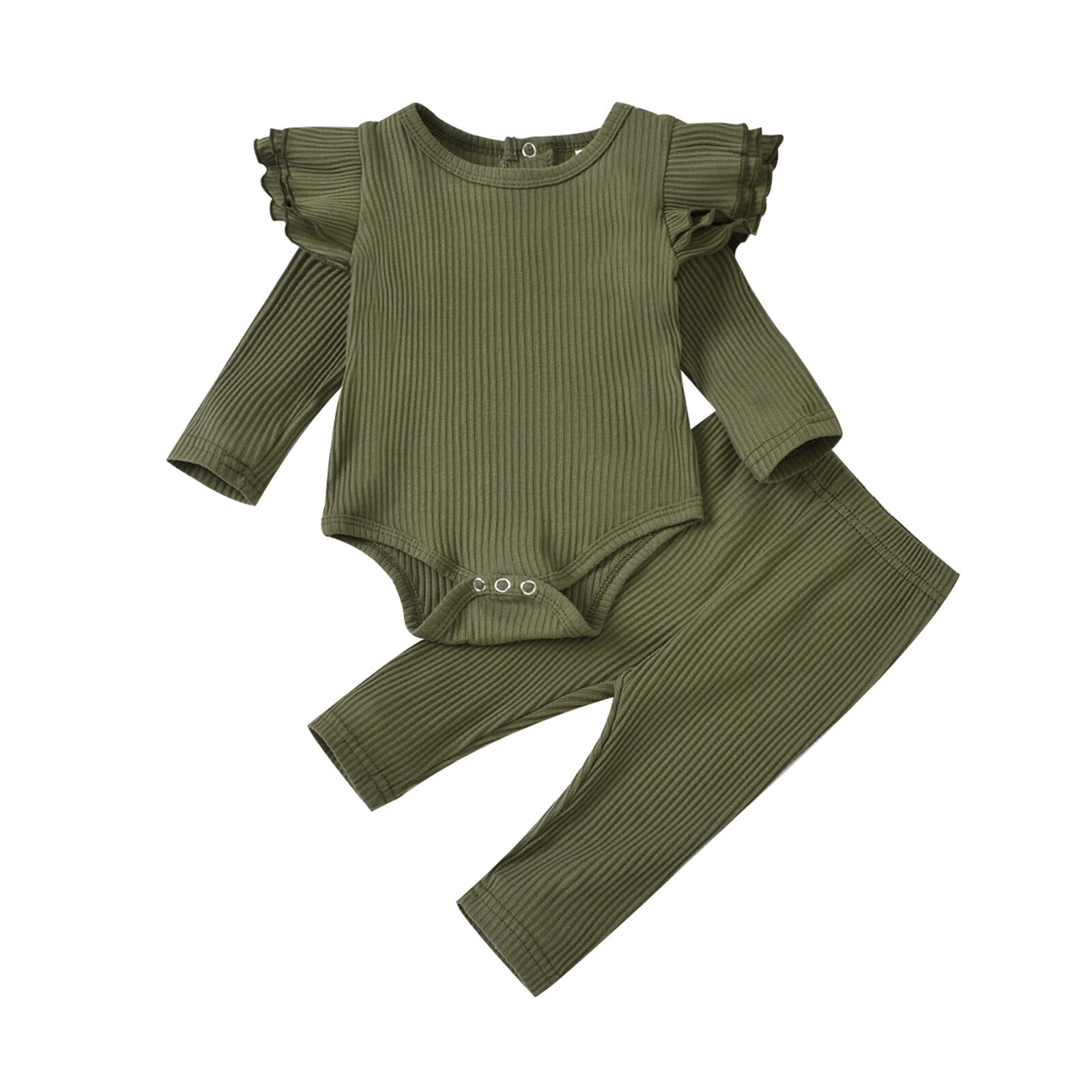 -né solide à volants ensemble de vêtements bébé garçons filles solide tricoté barboteuse hauts + pantalons ensembles tenues infantile enfants doux vêtements costume: green / 6M