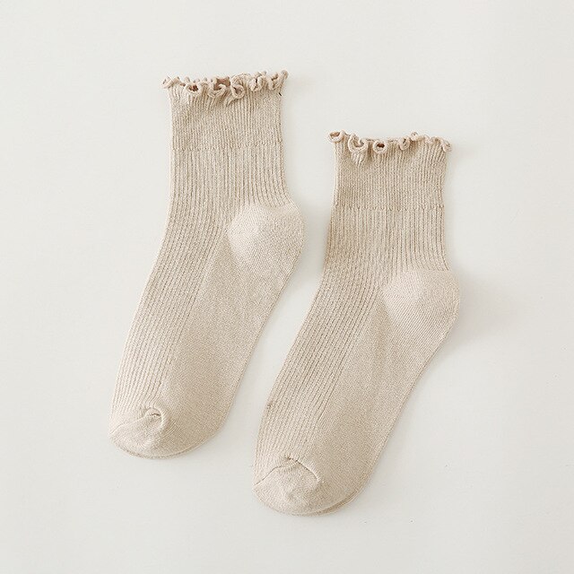 RMSWEETYIL Women Ruffle Frilly Socks Cute Lace Lettuce Kawaii Casual Solid Color Ladies Cotton Knit Ankle Low Cut Dress Sock: Socks 07