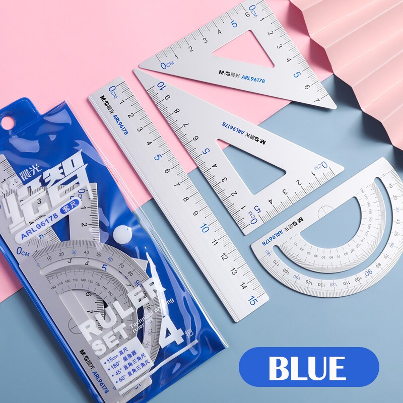 7Pcs/Set Ruler Compass with Metal box Geometry Maths Drawing Compass Stationery Rulers Mathematical compass for School: aluminum ruler blue