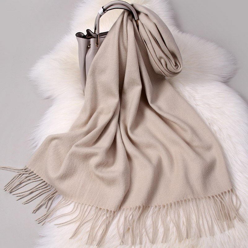 Vinter kvinder tørklæde woo solid echarpe wraps til damer foulard femme med kvast varm merino rød uld tørklæder kashmir: Beige