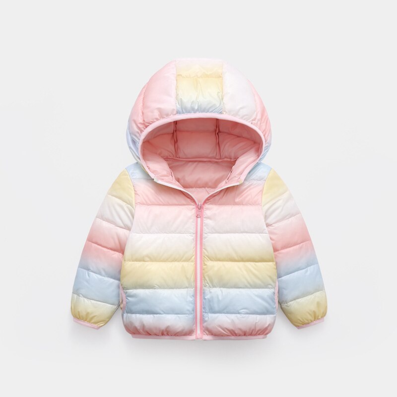 Kids Hooded Jassen Jongens Meisjes Winter Regenboog Kleuren Jas Baby Bovenkleding Voor Baby Warm Peuter Down Snowsuit 1-6years