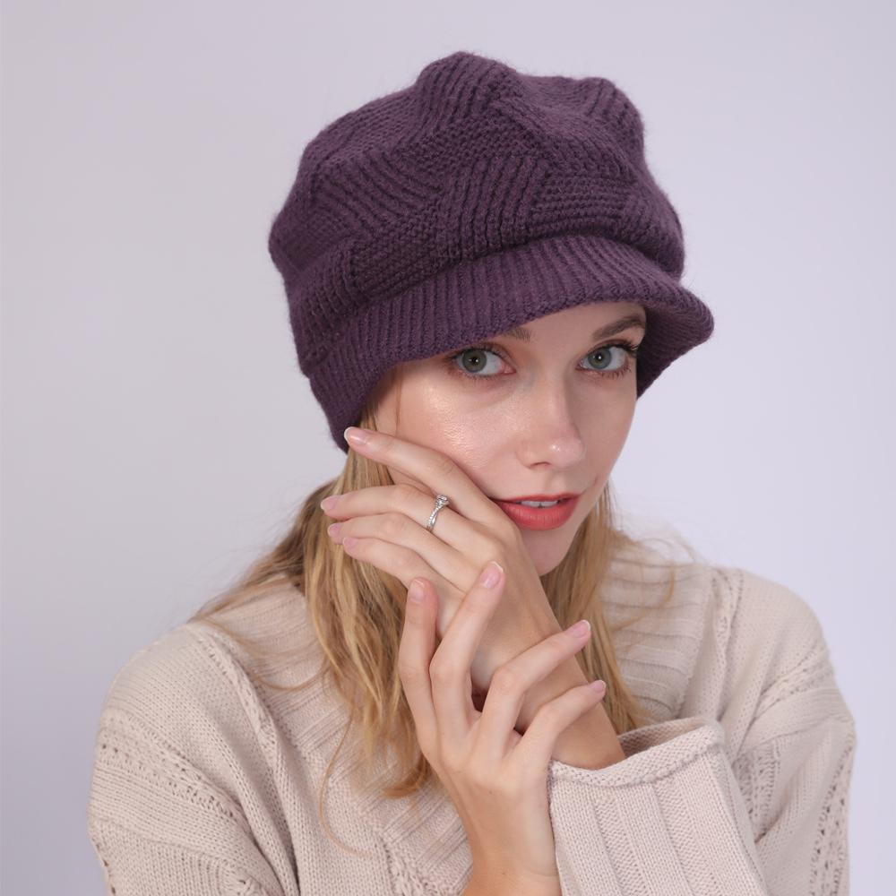 Chapeaux en laine tricotée Skullies, 1 pièce, bonnets de cyclisme en plein air en poils de lapin pour femmes, visières chaudes en polaire, couleur unie: Dark Purple