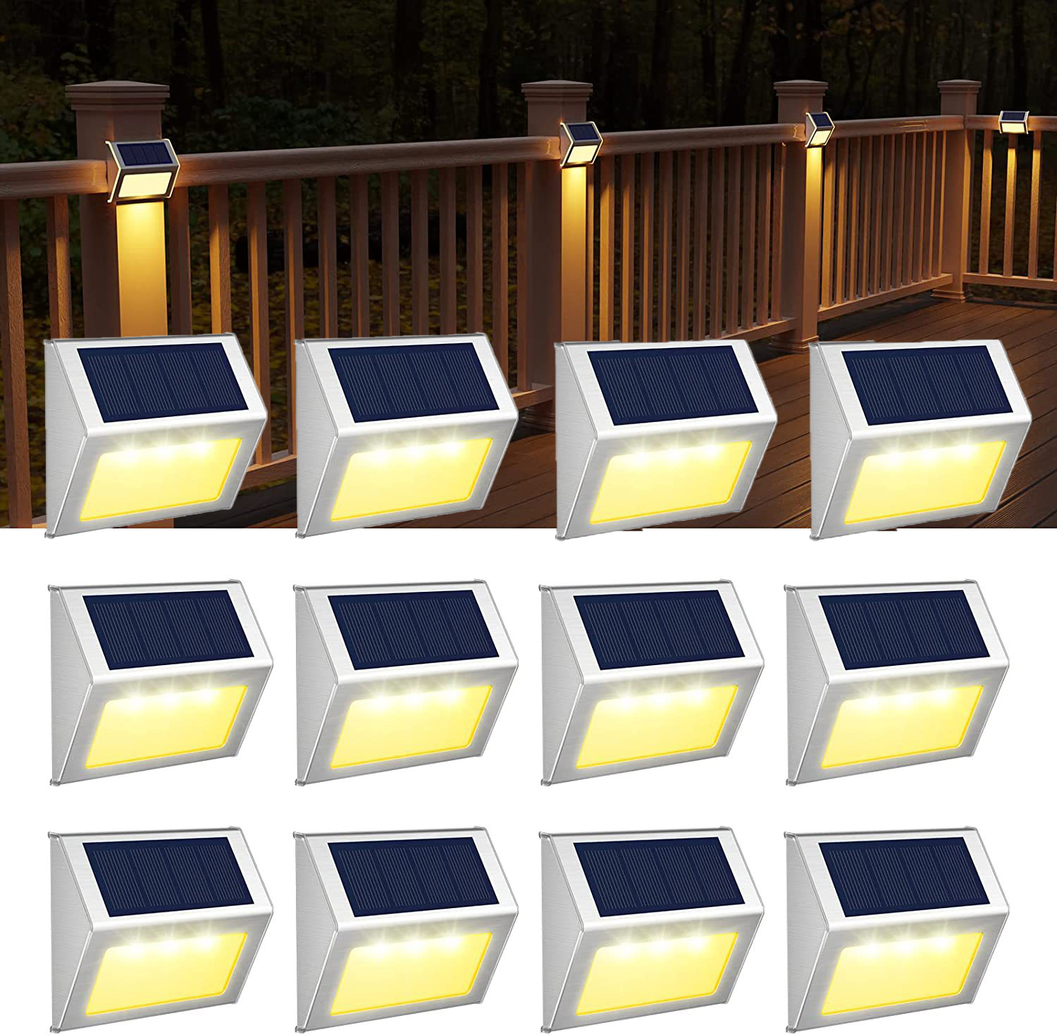 1/6/12 Pack Led Solar Outdoor Stainless Steel Step Lights, Fence Lights, Stainless Steel Wall Lights, Courtyard Deck Lights, Suitable for Terraces, Steps, Walkway, Fences: Yellow
