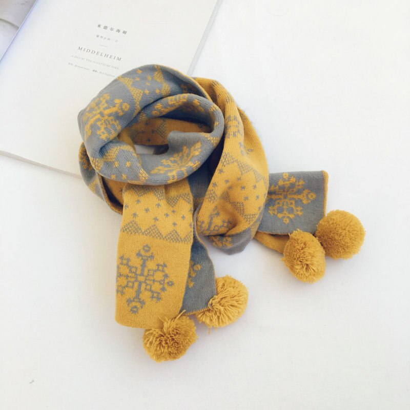 Basis gebreide sjaal gebreide colsjaal kleurrijke geruite sjaal speciaal voor kerstmis sneeuwvlokken sjaal scandinavische stijl kinderbreigoed: Geelgrijs