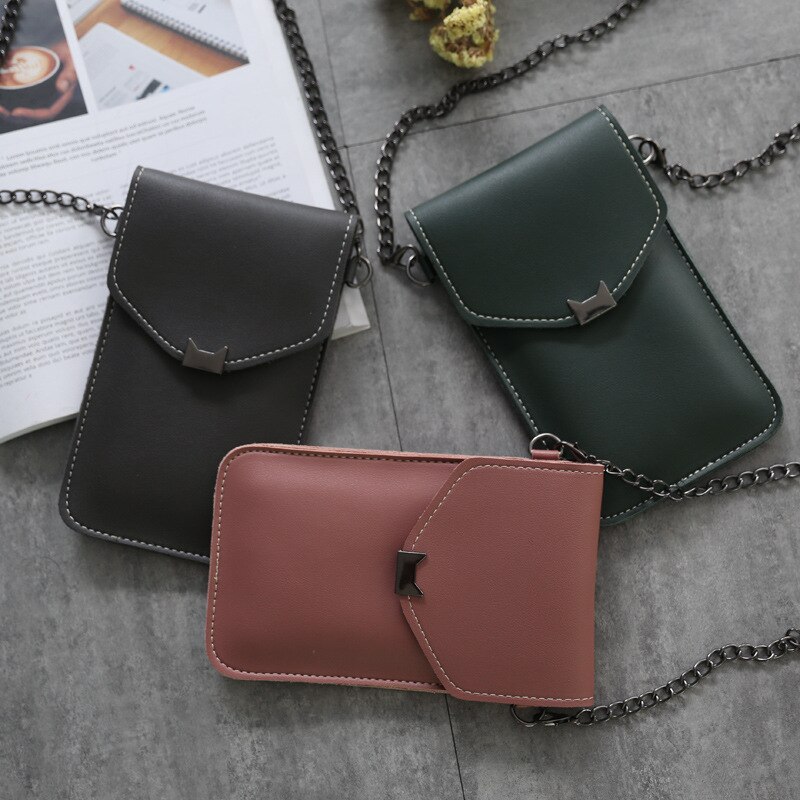 Saco do mensageiro da corrente das mulheres da tela de toque transparente da orelha do gato retro simples saco do telefone móvel sacos pequenos da aleta mini bolsa de ombro